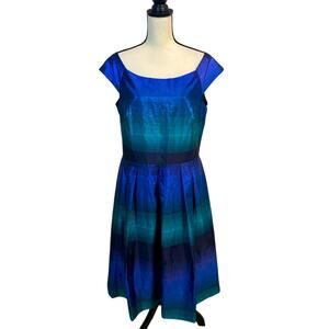 J. Taylor Blue Green Ombré Metallic Formal Midi Dress Size 14